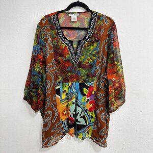 Ulla Popken Sequin Embroidered Brown Mixed Media Floral Chiffon Blouse Top 24/26